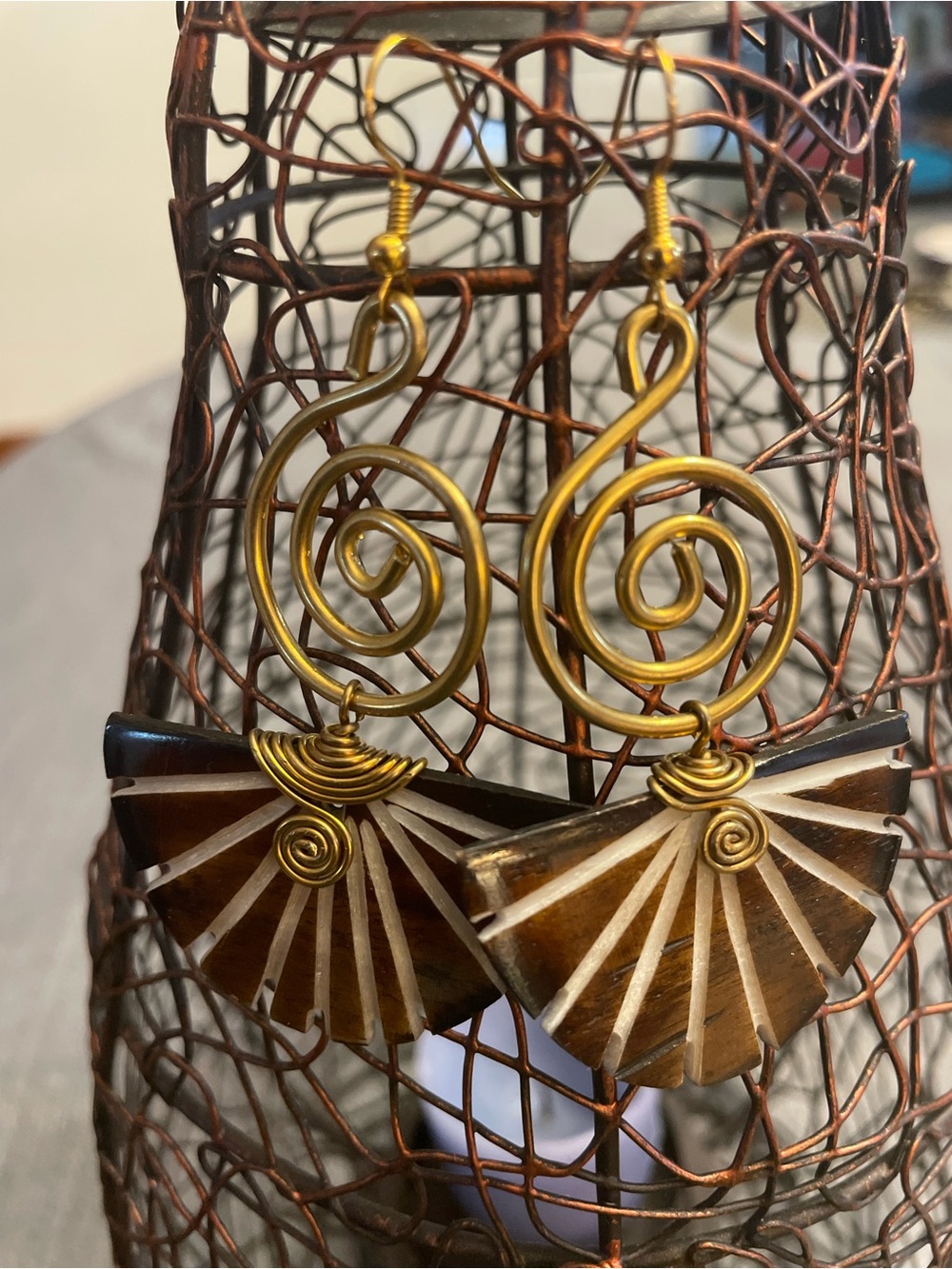 Elegant Spiral African Handmade Brass & Bone Fan Earrings | Maasai